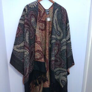 Avenue  Knit Ruana Wrap Shawl Tapestry Paisley Black Burgundy Fringe Plus Sized